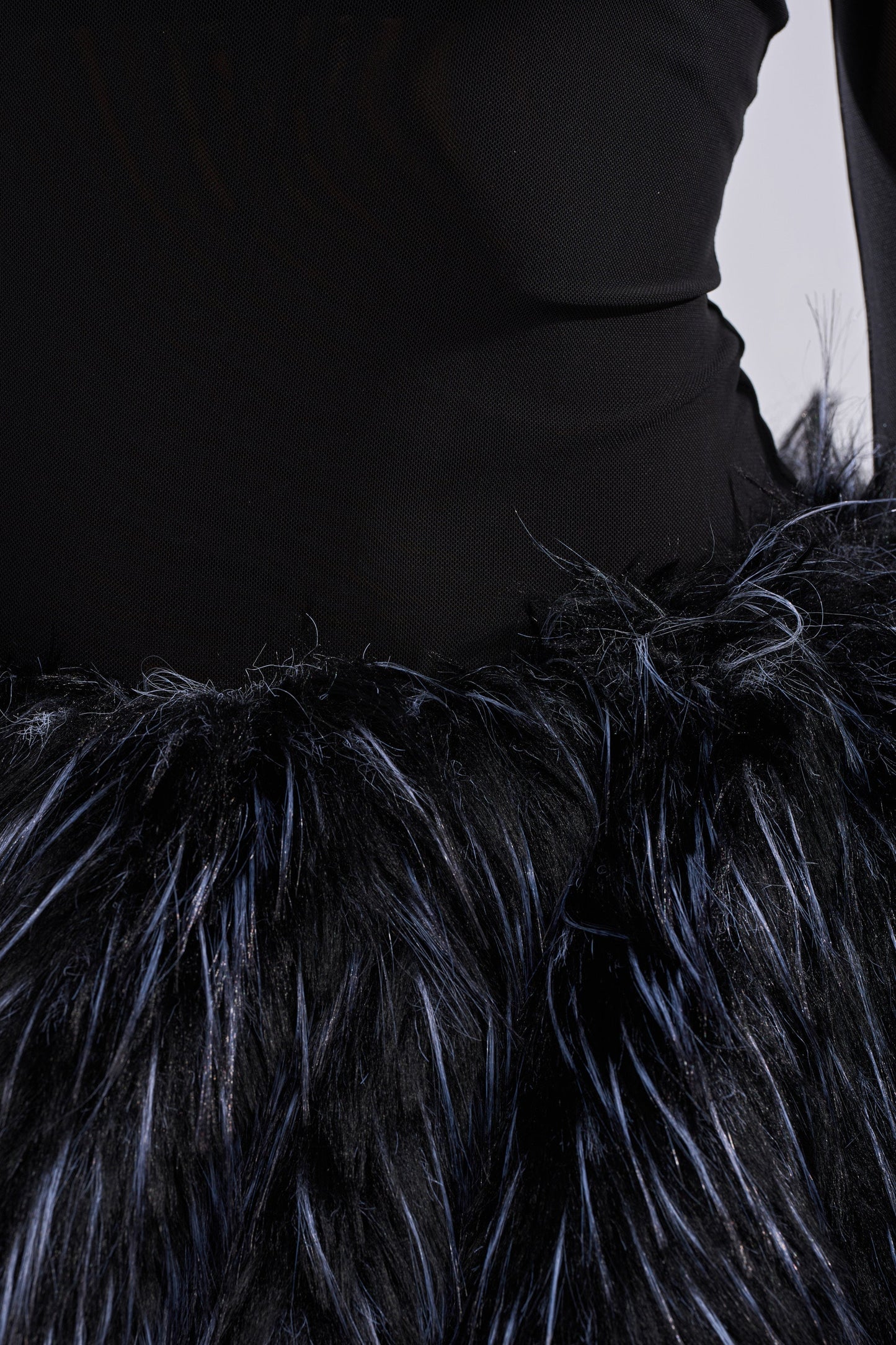 Black Faux Fur Hem Off Shoulder Mesh Mini Dress