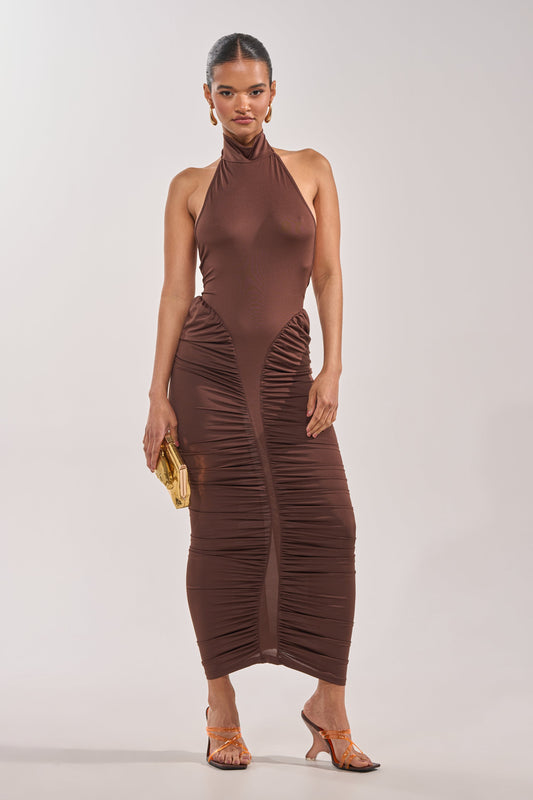 Brown Ruched Halter Mock Neck Bodycon Maxi Dress