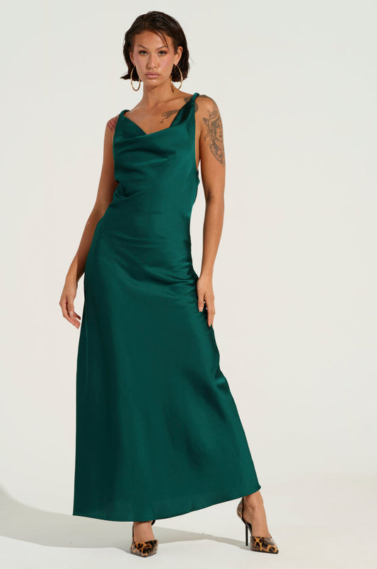 Green Satin Cowl Neck Backless Slip Maxi Dress