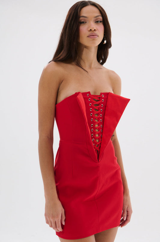 Red Lace Up Plunge Strapless Bodycon Mini Dress