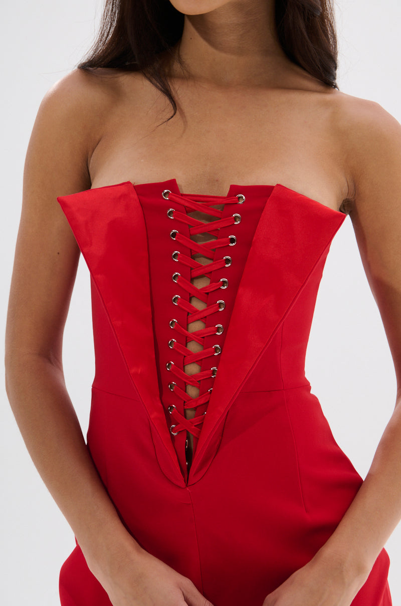 Red Lace Up Plunge Strapless Bodycon Mini Dress