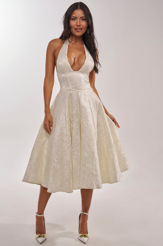 White Floral Brocade Halter Fit Flare Midi Dress