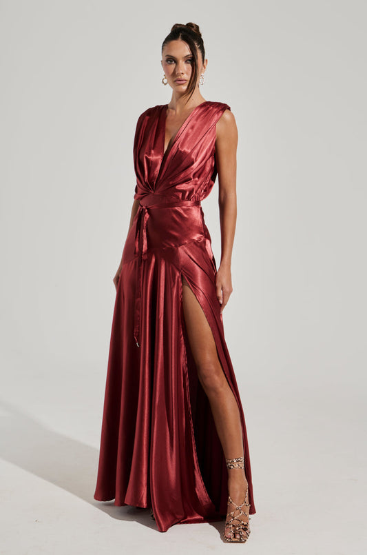 Red Satin Plunge Tie Waist Slit Maxi Dress