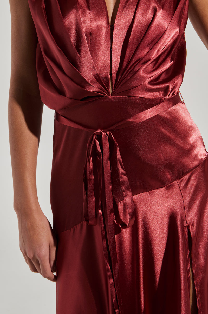 Red Satin Plunge Tie Waist Slit Maxi Dress