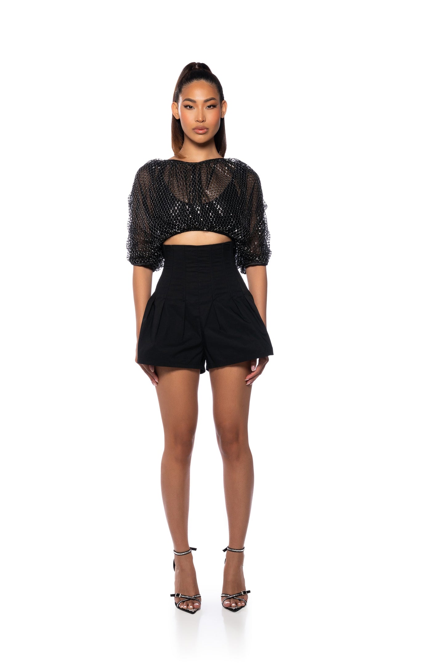 Black Sequin Mesh Oversized Crop Top