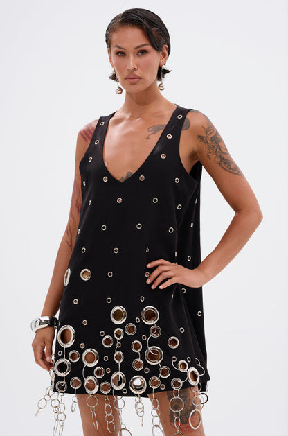 Black Silver Grommet V Neck Shift Mini Dress