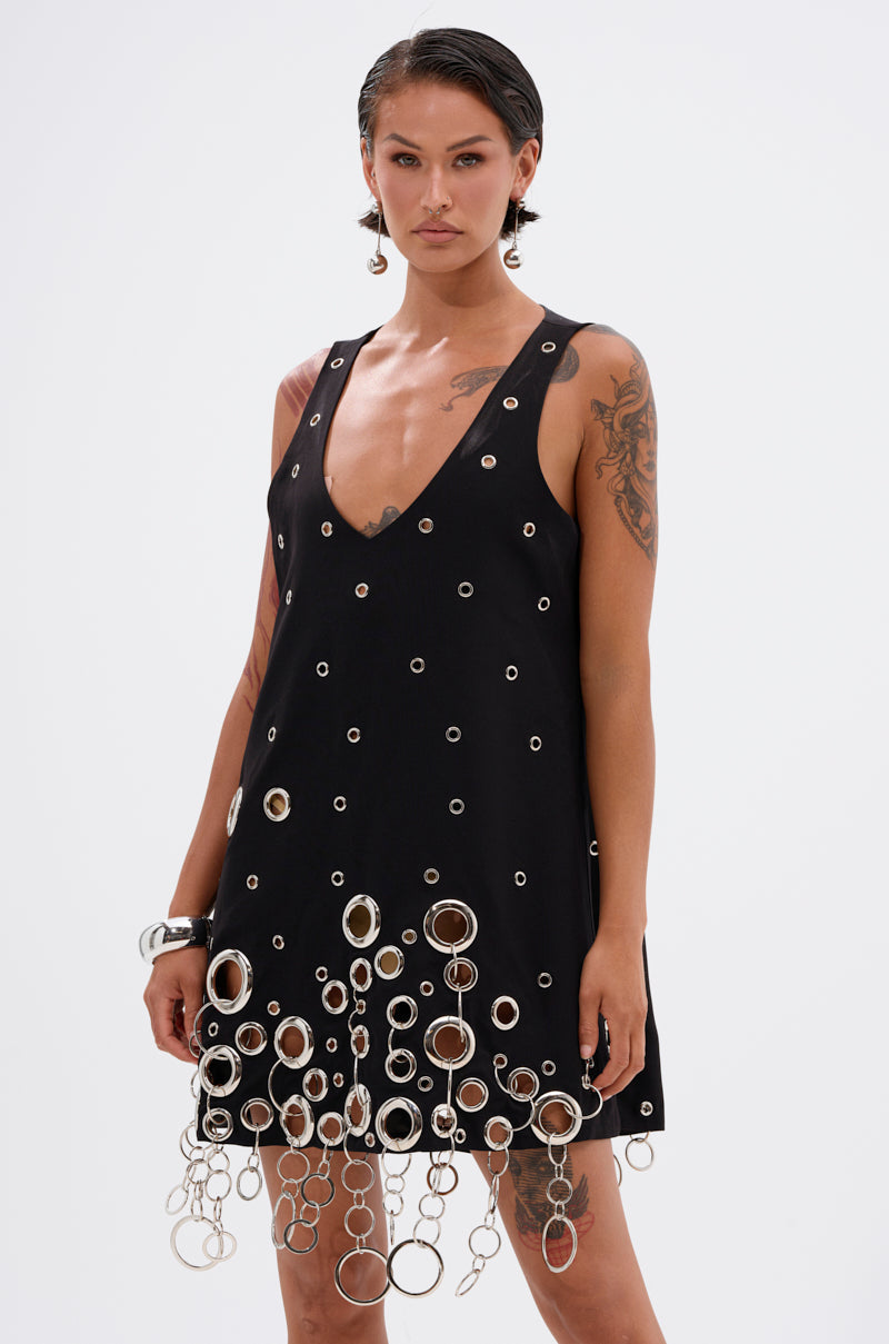 Black Silver Grommet V Neck Shift Mini Dress