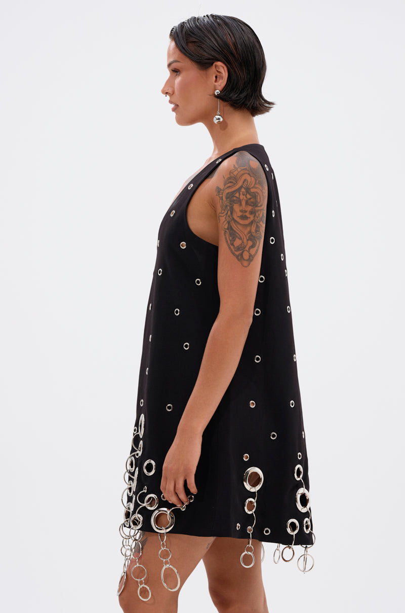 Black Silver Grommet V Neck Shift Mini Dress