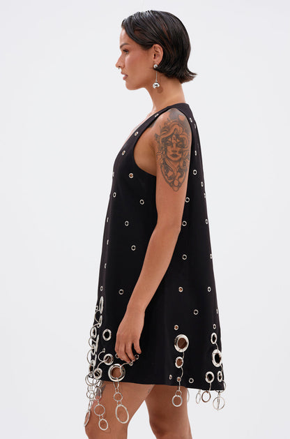 Black Silver Grommet V Neck Shift Mini Dress