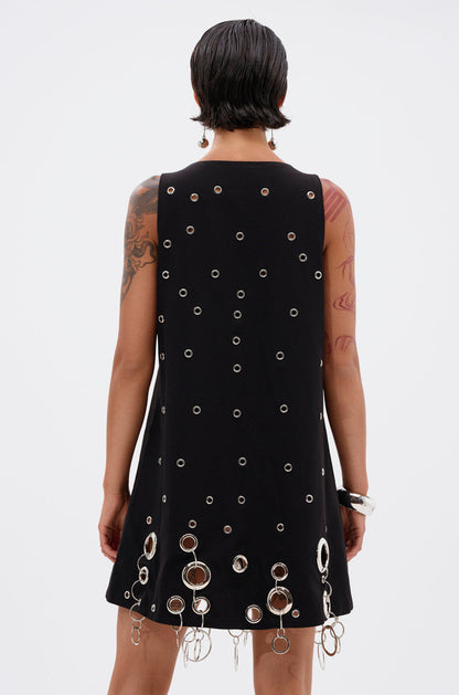 Black Silver Grommet V Neck Shift Mini Dress