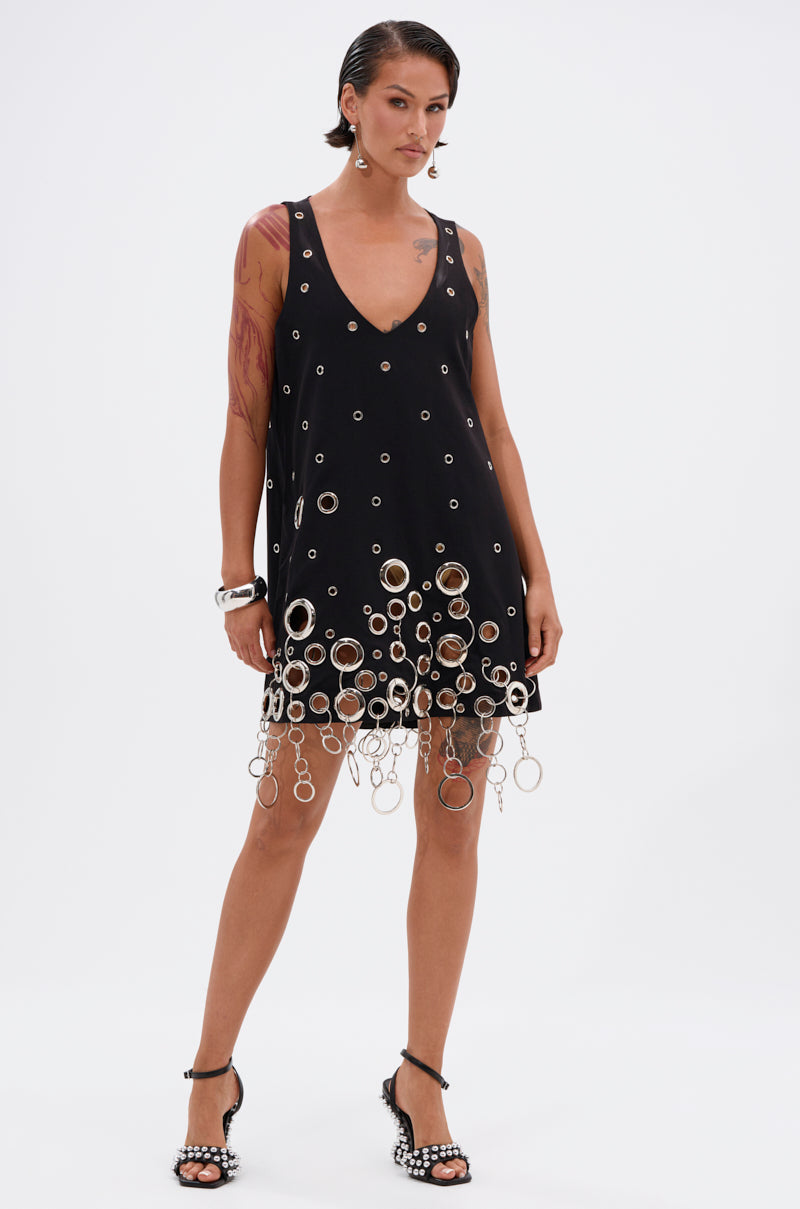 Black Silver Grommet V Neck Shift Mini Dress