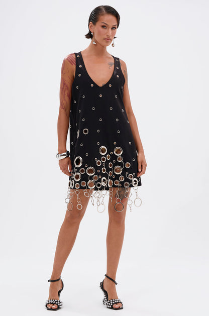 Black Silver Grommet V Neck Shift Mini Dress