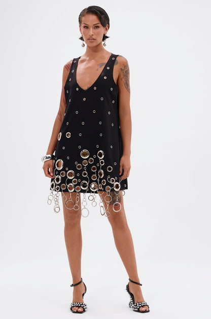 Black Silver Grommet V Neck Shift Mini Dress