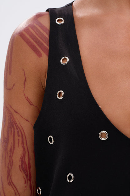 Black Silver Grommet V Neck Shift Mini Dress