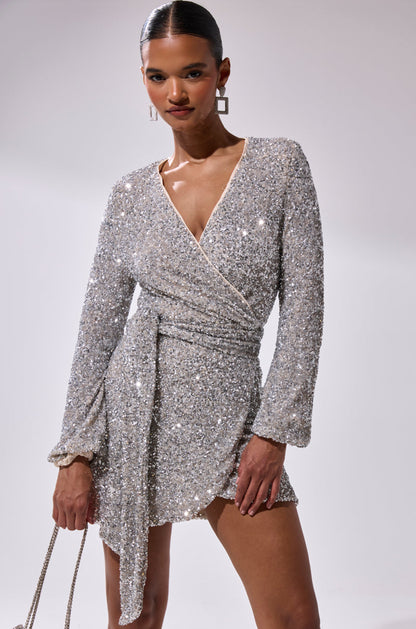 Silver Sequin Wrap Long Sleeve Mini Dress