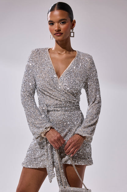 Silver Sequin Wrap Long Sleeve Mini Dress