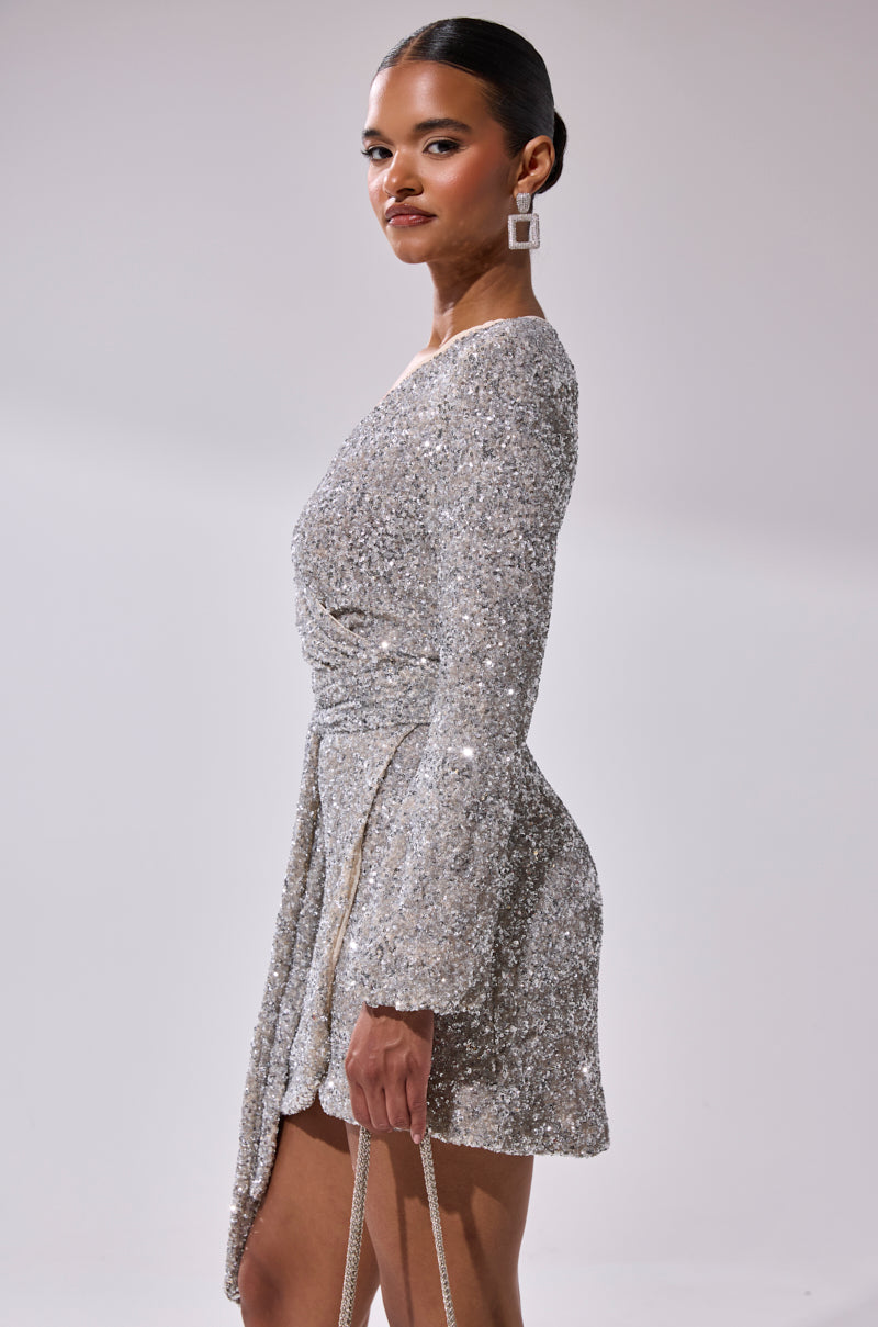 Silver Sequin Wrap Long Sleeve Mini Dress