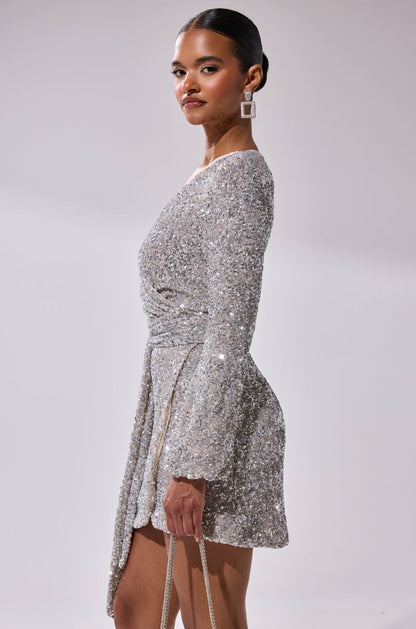 Silver Sequin Wrap Long Sleeve Mini Dress