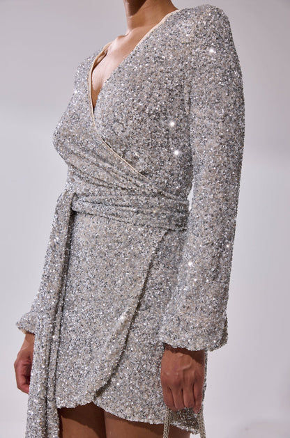 Silver Sequin Wrap Long Sleeve Mini Dress