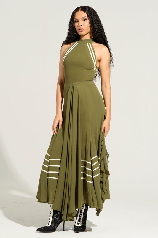 Olive Green Halter Neck Striped Slit Maxi Dress
