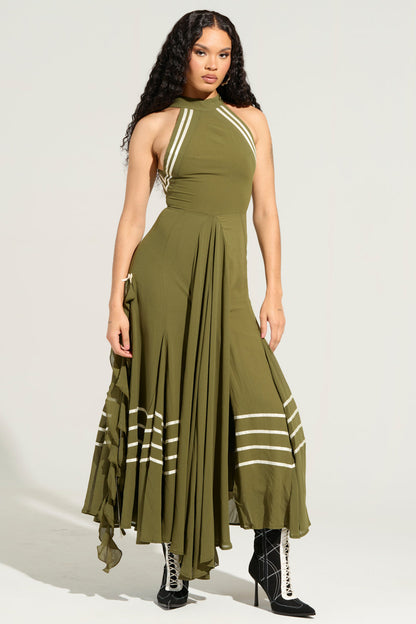 Olive Green Halter Neck Striped Slit Maxi Dress