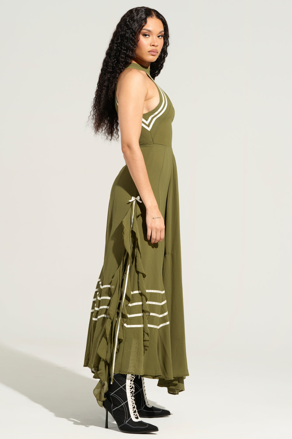 Olive Green Halter Neck Striped Slit Maxi Dress