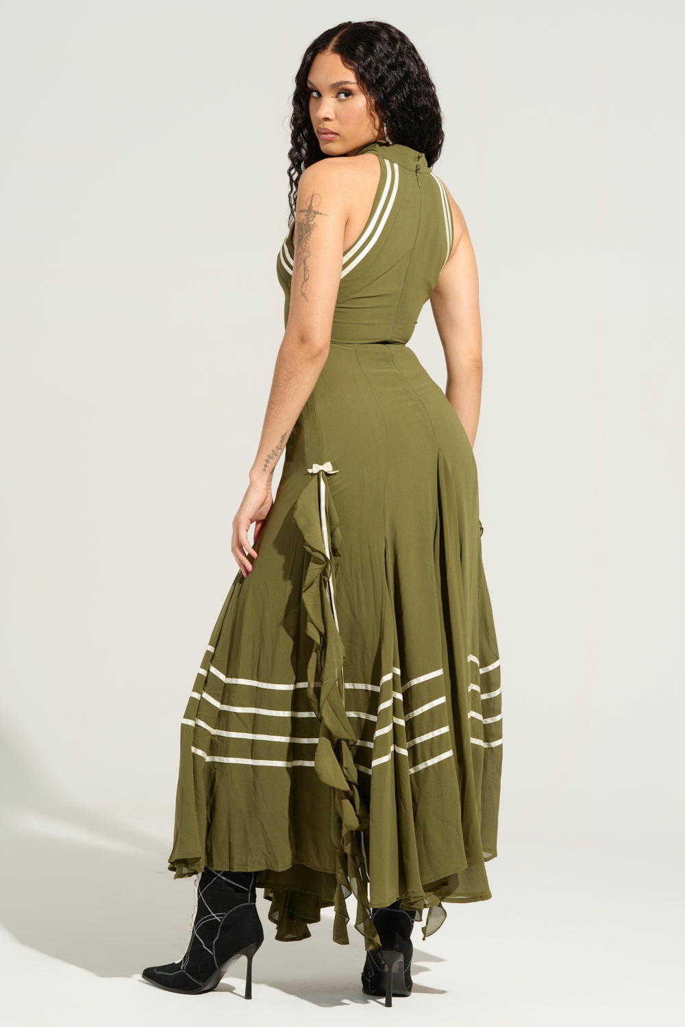 Olive Green Halter Neck Striped Slit Maxi Dress