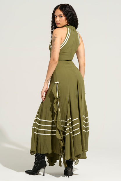 Olive Green Halter Neck Striped Slit Maxi Dress