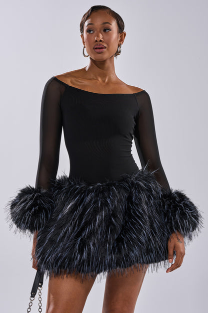 Black Faux Fur Hem Off Shoulder Mesh Mini Dress