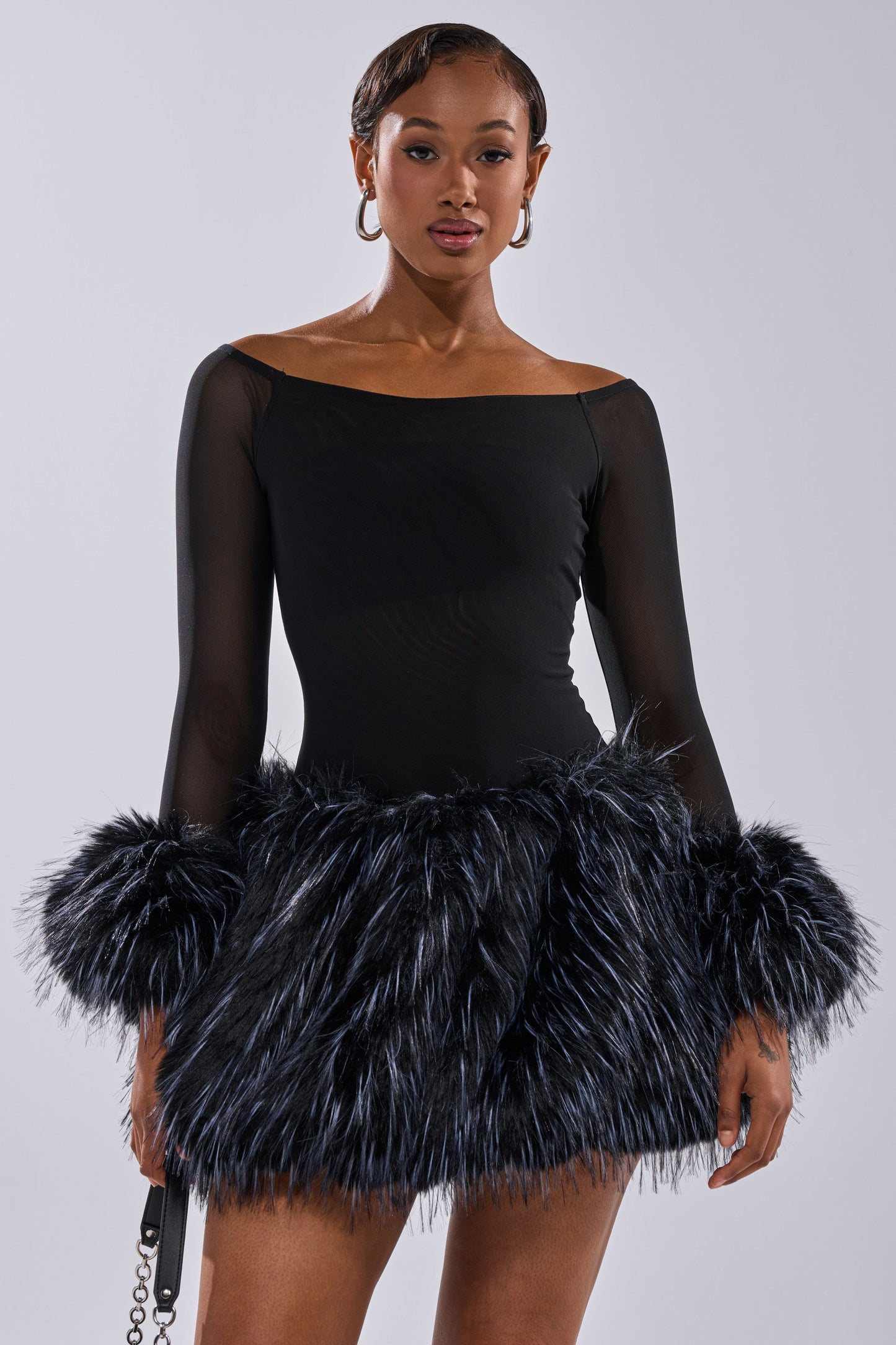 Black Faux Fur Hem Off Shoulder Mesh Mini Dress