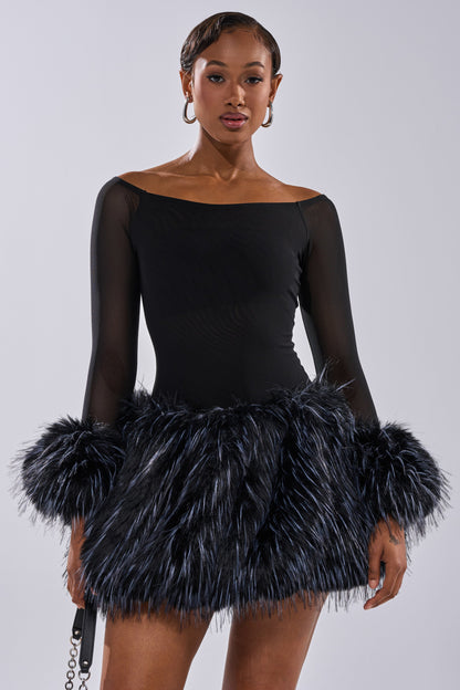 Black Faux Fur Hem Off Shoulder Mesh Mini Dress