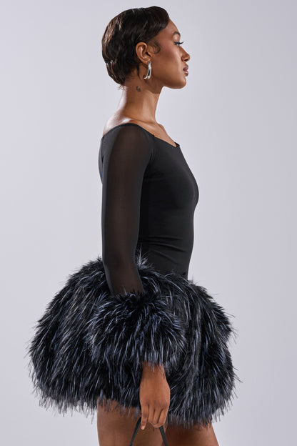 Black Faux Fur Hem Off Shoulder Mesh Mini Dress