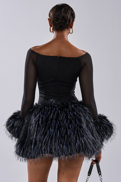 Black Faux Fur Hem Off Shoulder Mesh Mini Dress