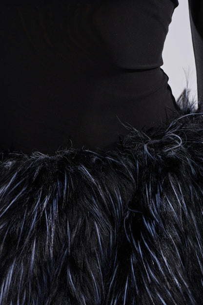 Black Faux Fur Hem Off Shoulder Mesh Mini Dress