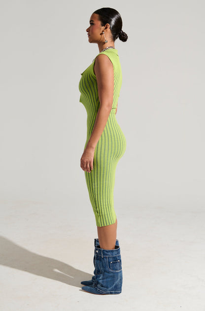 Lime Green Ribbed Knit Plunge Collar Midi Dress