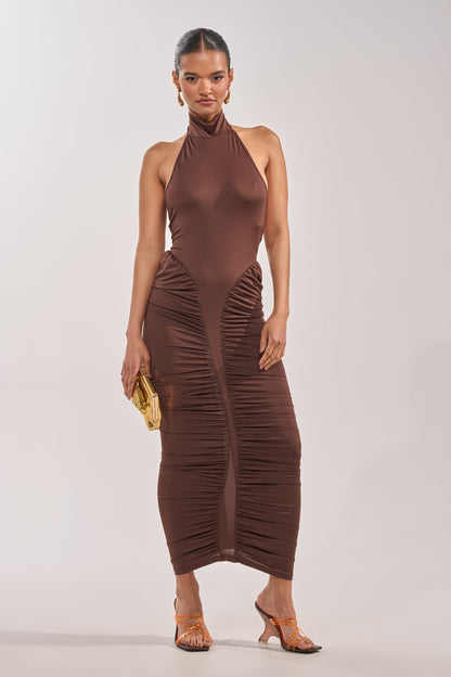 Brown Ruched Halter Mock Neck Bodycon Maxi Dress