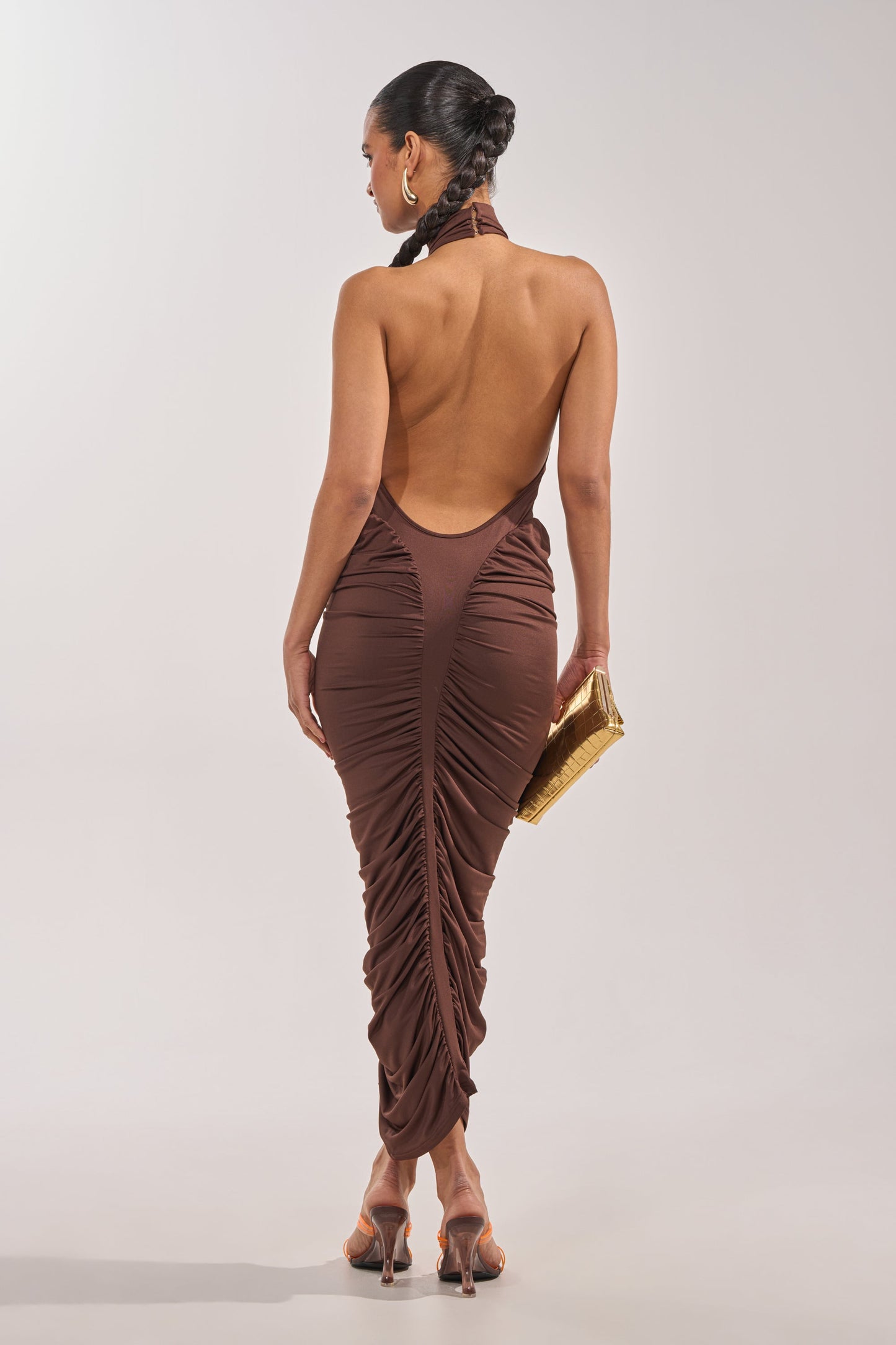 Brown Ruched Halter Mock Neck Bodycon Maxi Dress