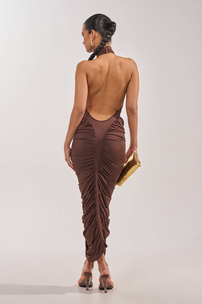 Brown Ruched Halter Mock Neck Bodycon Maxi Dress