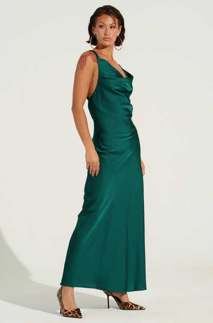 Green Satin Cowl Neck Backless Slip Maxi Dress