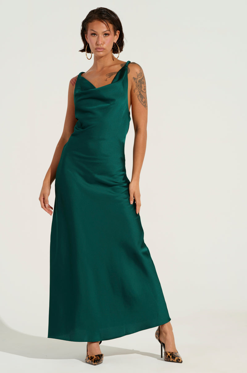 Green Satin Cowl Neck Backless Slip Maxi Dress