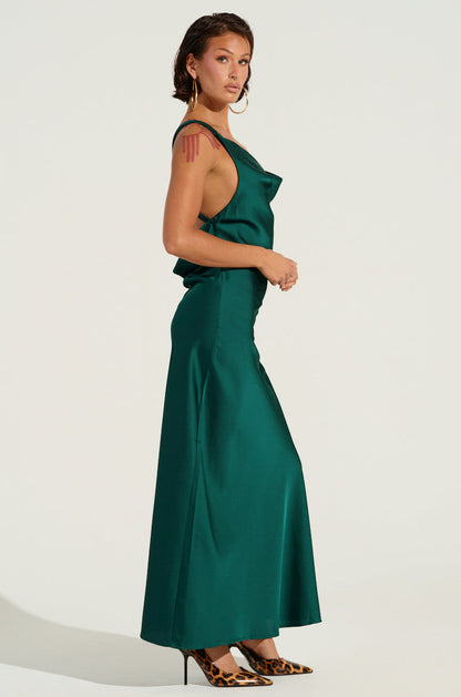 Green Satin Cowl Neck Backless Slip Maxi Dress