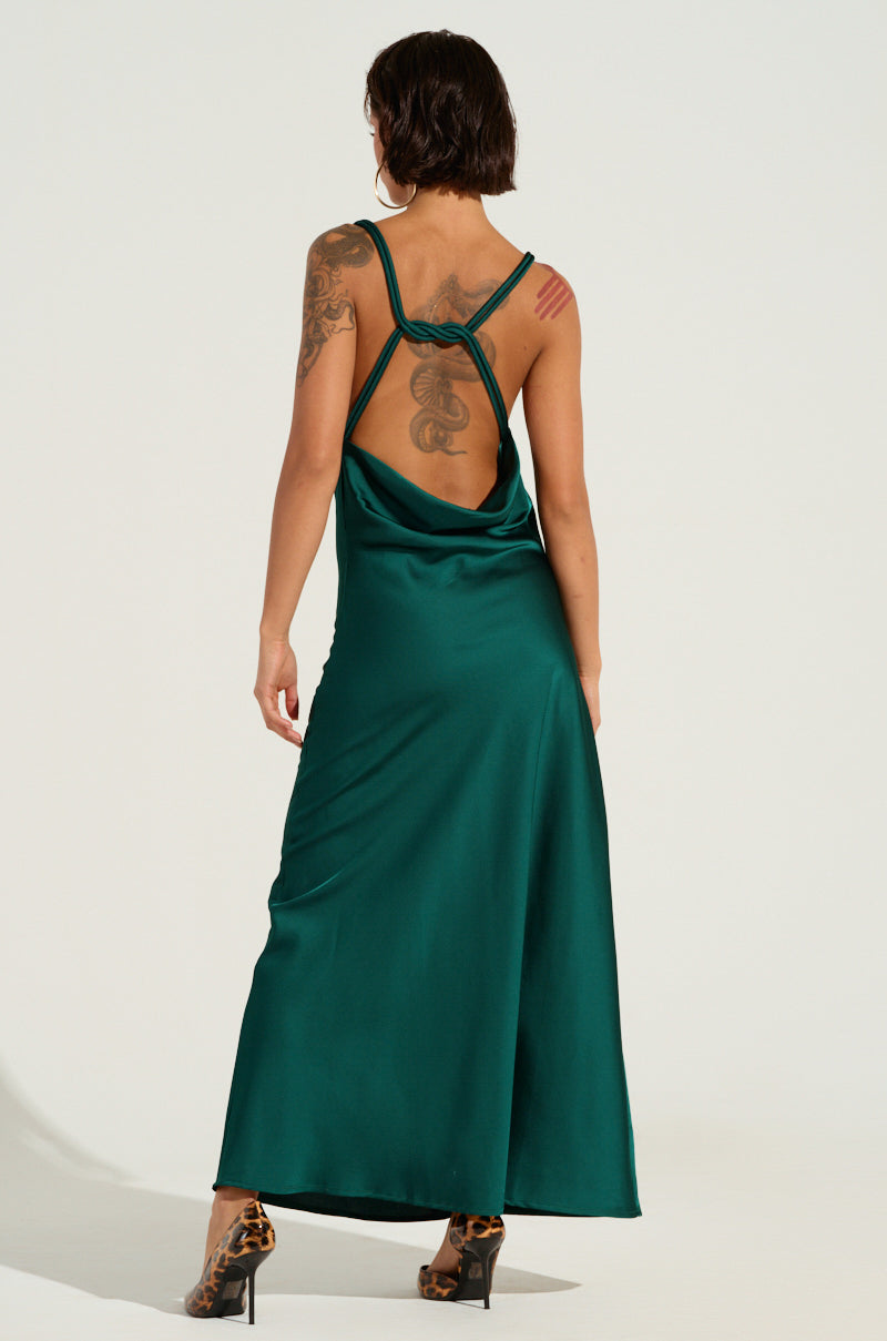 Green Satin Cowl Neck Backless Slip Maxi Dress