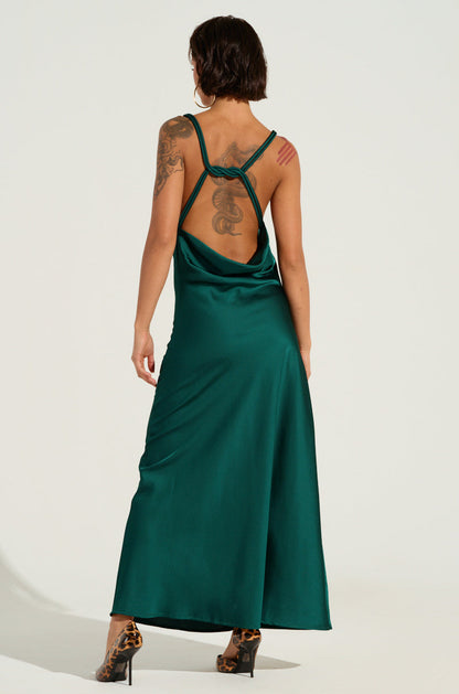 Green Satin Cowl Neck Backless Slip Maxi Dress