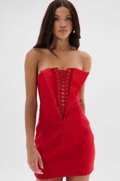 Red Lace Up Plunge Strapless Bodycon Mini Dress