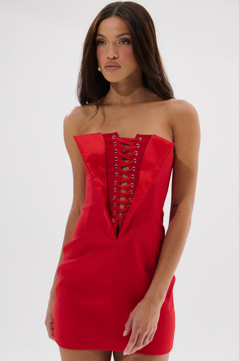 Red Lace Up Plunge Strapless Bodycon Mini Dress