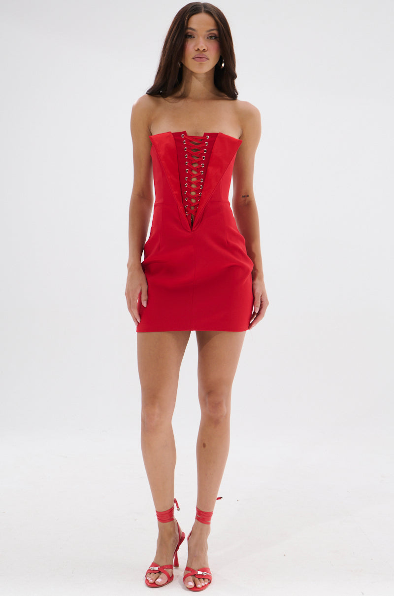 Red Lace Up Plunge Strapless Bodycon Mini Dress