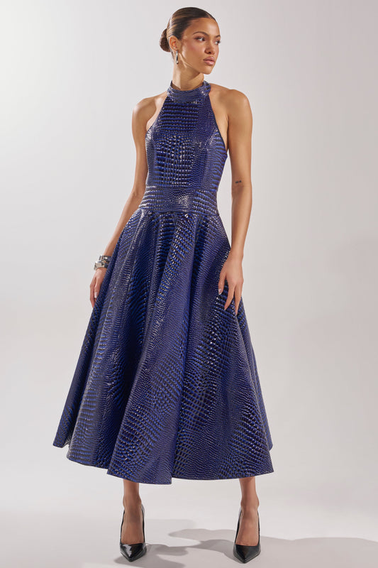 Navy Croc Print Halter Neck A-Line Midi Dress
