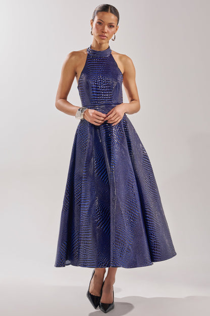 Navy Croc Print Halter Neck A-Line Midi Dress