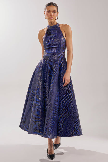 Navy Croc Print Halter Neck A-Line Midi Dress