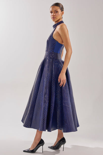 Navy Croc Print Halter Neck A-Line Midi Dress